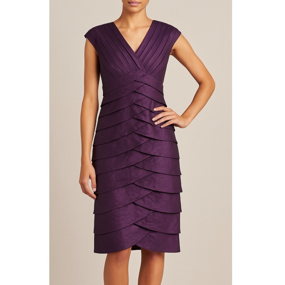 Adrianna Papell Purple Tiered Shimmer Sheath Dress Metallic V Neck Size 6‎ Glam